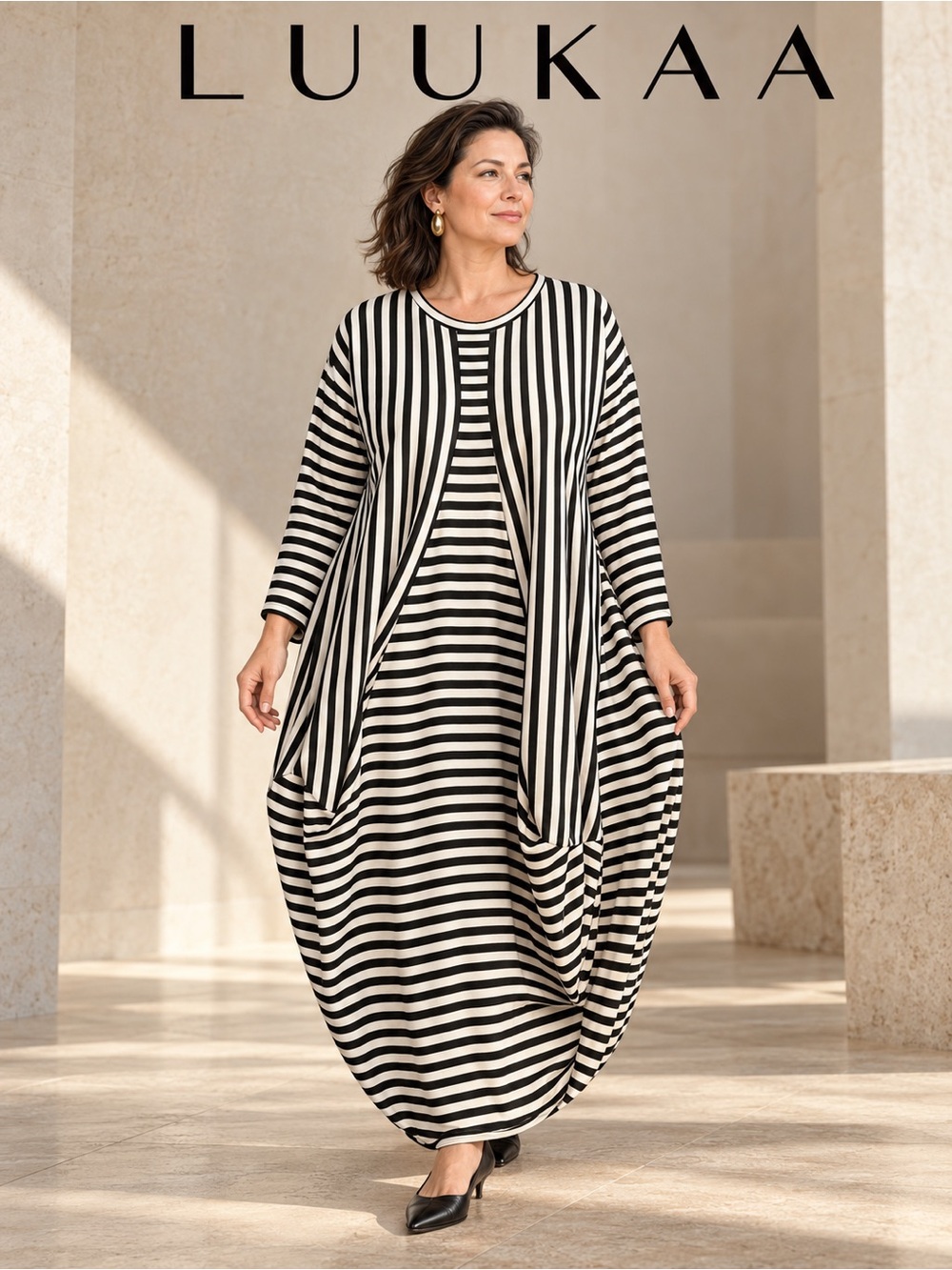 EUC Luukaa Thick Striped Asymmetric Dress Lagenlook Size 3  US 10/12 Black White